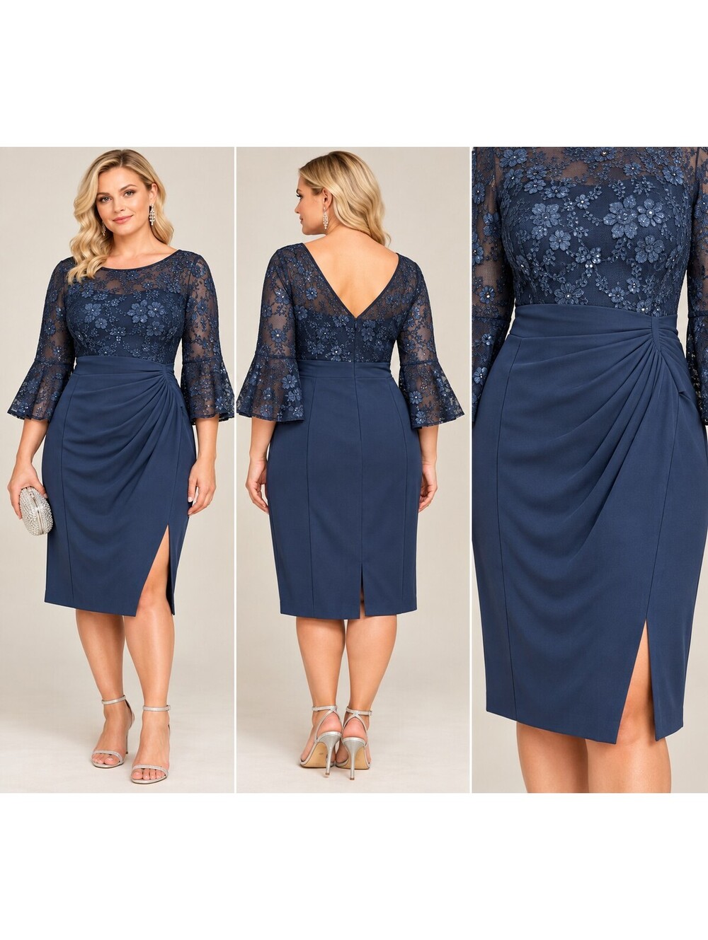 Adrianna Papell Floral Lace Combo Dress sz 18 NWT Navy Long Bell Sleeves Modest